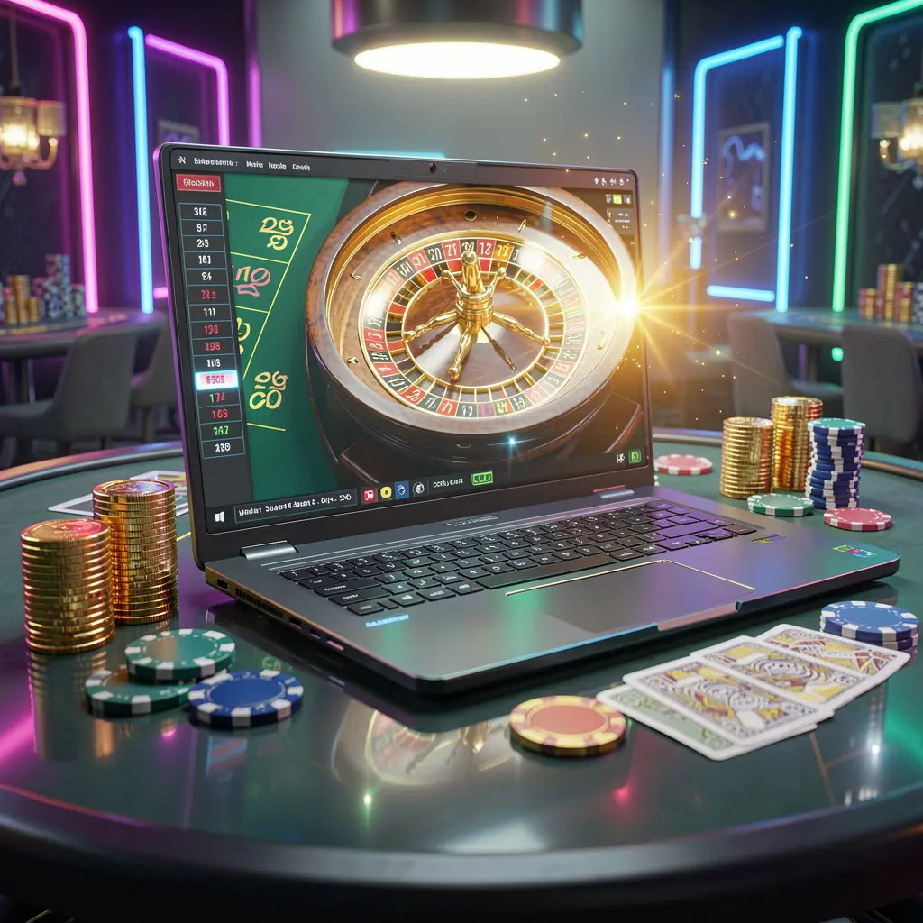 Sleek laptop with a vibrant online roulette wheel beside stacked coins and scattered chips showcasing the immersive casino atmosphere of LEOJILI99 in the Philippines